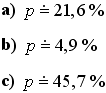 a) Pravdepodobnosť je približne 21,6 %; b) Pravdepodobnosť je približne 4,9 %; c) Pravdepodobnosť je približne 45,7 %